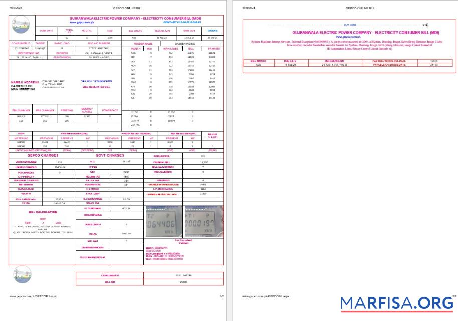 Downloadable Pakistan Gujanwala electric power company electricity business utility bill Word and PDF formats, 2 pages example